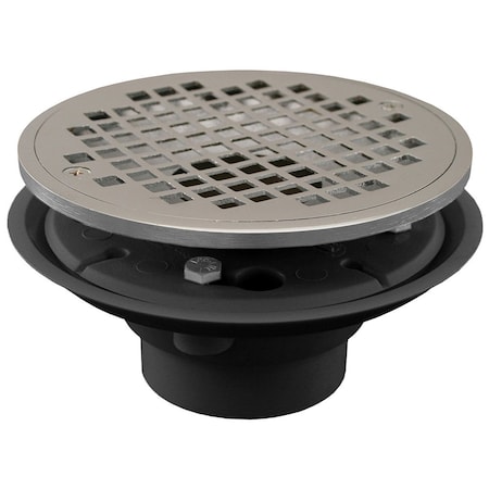 Jones Stephens 2in. x 3in. PVC Shower Drain with 2in. Brass Spud and 6in. Round Chrome Plated Strainer D50800